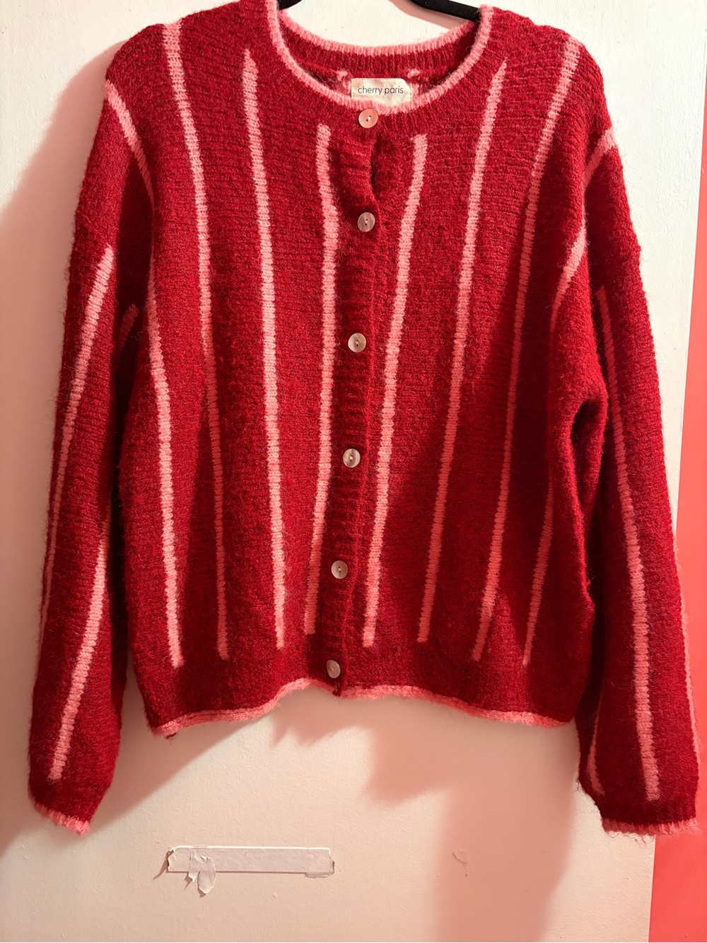 Simons Red and Pink Striped Button-Front Sweater